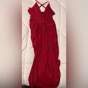 Red Cross back high low wrap style dress